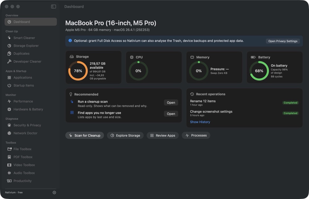 Nativium dashboard on macOS